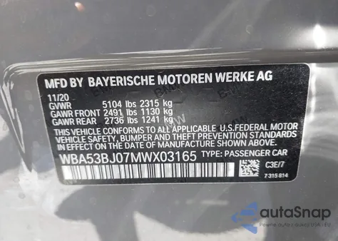 2021 BMW 540I z USA, uszkodzony, nr VIN WBA53BJ07MWX03165